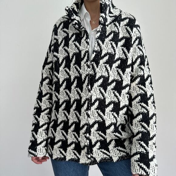 Chicos Jacket Womens XL Wool Blend Knit Cardigan Houndstooth Check Mock Neck - Picture 3 of 10